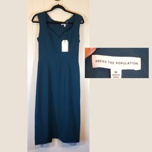 Dress the Population Elle Style Dark Green Sheath Midi Dress Size Medium NWT
